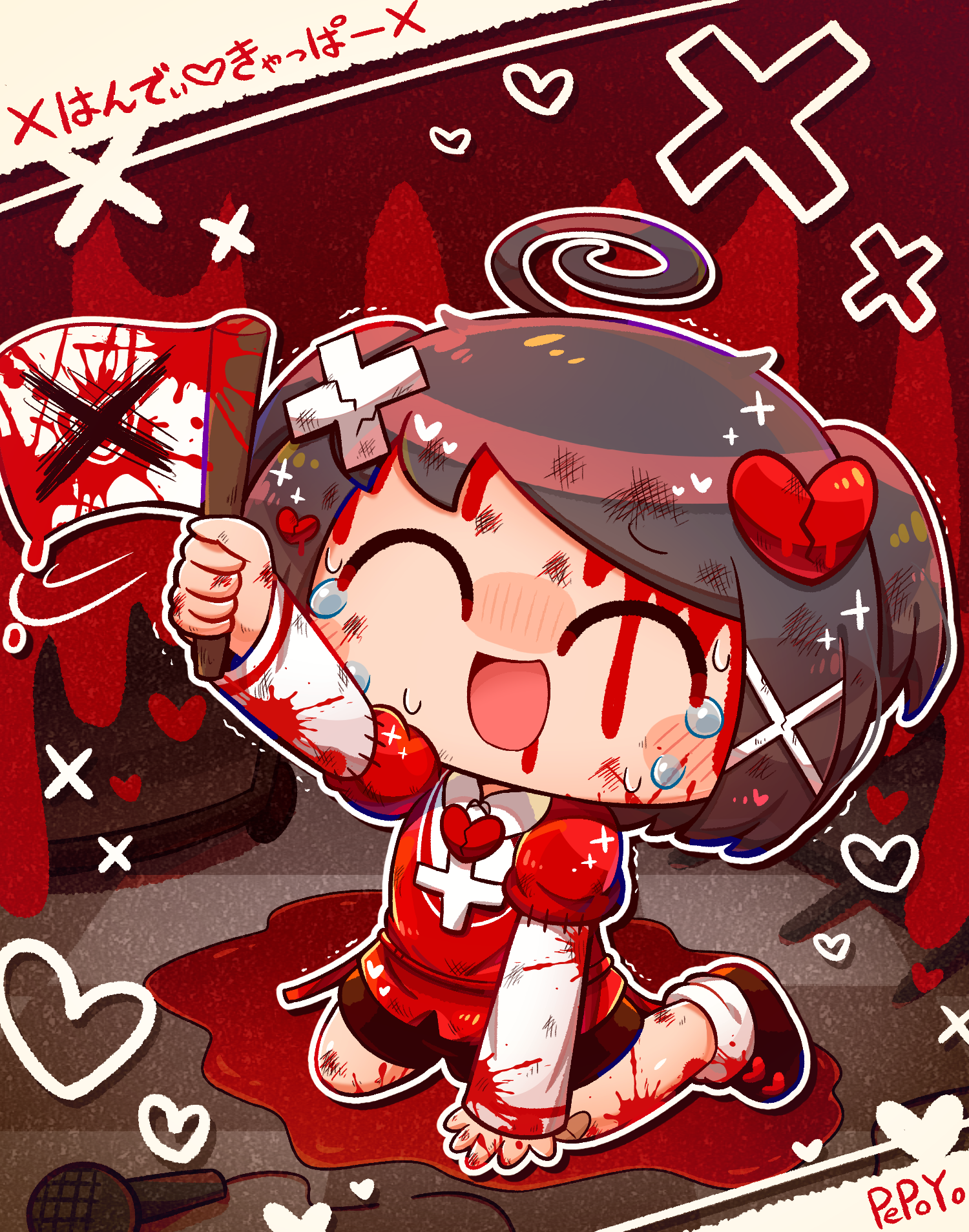 1boy ahoge artist_name black_footwear black_hair black_shorts blood blood_from_mouth blood_on_clothes blood_on_face blood_on_hands blood_splatter closed_eyes collared_shirt crack crying deformed flag hair_ornament hand_on_floor handy_capper_(vocaloid) heart heart_hair_ornament highres holding holding_flag injury kneeling long_sleeves male_focus microphone open_mouth original oyo-kun pepoyo puffy_short_sleeves puffy_sleeves red_shirt scratches shirt short_sleeves short_twintails shorts single_eyebrow sitting smile socks solo sweat tears translation_request twintails vocaloid white_flag white_shirt white_socks x_hair_ornament