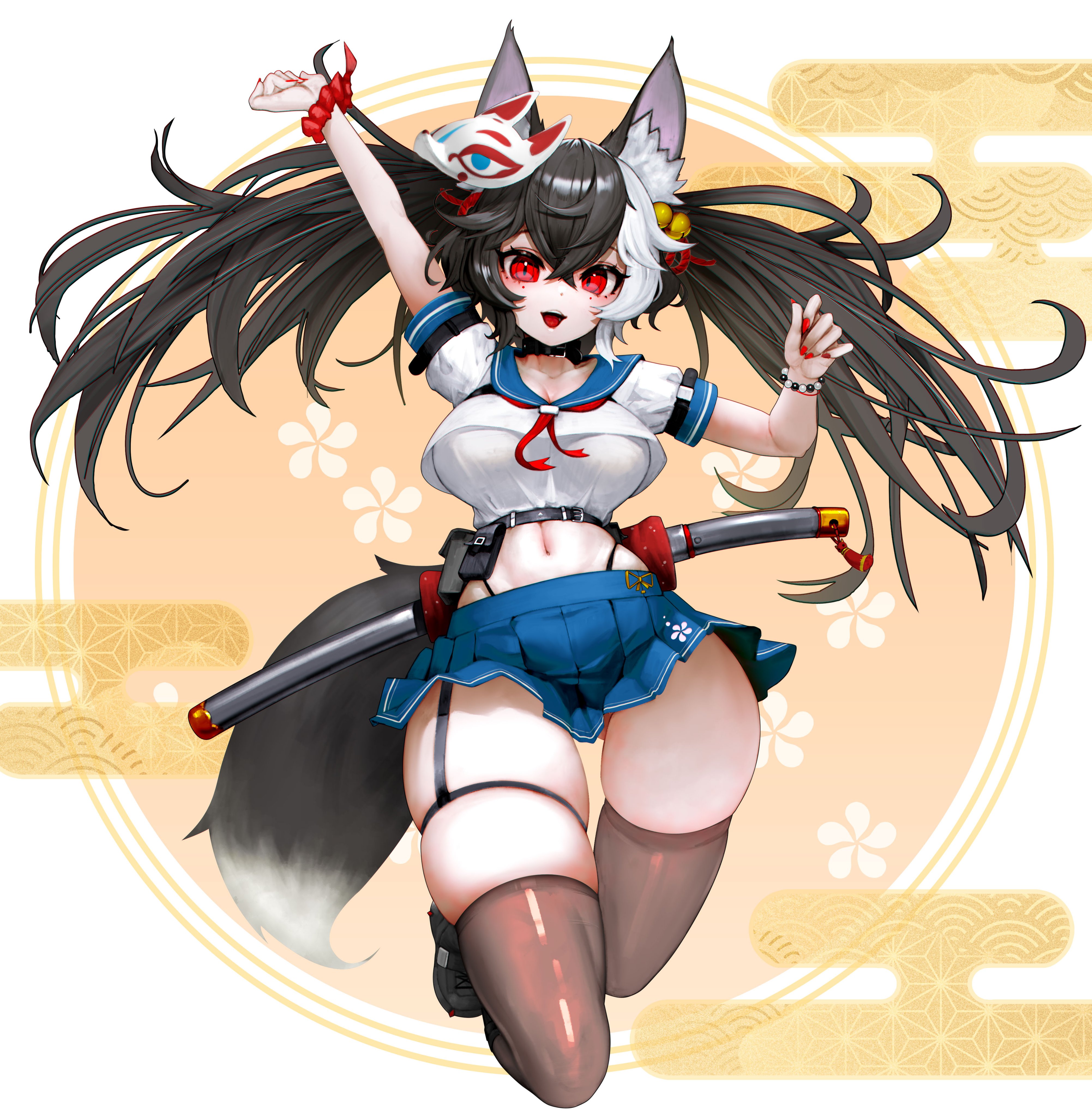 absurdres animal_ear_fluff animal_ears arm_belt bell belt belt_pouch black_belt black_footwear black_hair blue_sailor_collar blue_skirt breasts collarbone crop_top crossed_bangs female fox_ears fox_girl fox_mask fox_tail gammainkk hair_bell hair_between_eyes hair_ornament highleg highleg_panties highres hiragana_oufu indie_virtual_youtuber katana long_hair mask mask_on_head midriff multicolored_hair navel panties pleated_skirt pouch red_eyes red_nails sailor_collar school_uniform scrunchie second-party_source sheath sheathed shirt shoes skindentation skirt solo sword tail tassel thighhighs twintails two-tone_hair underwear virtual_youtuber weapon white_hair white_shirt wrist_scrunchie