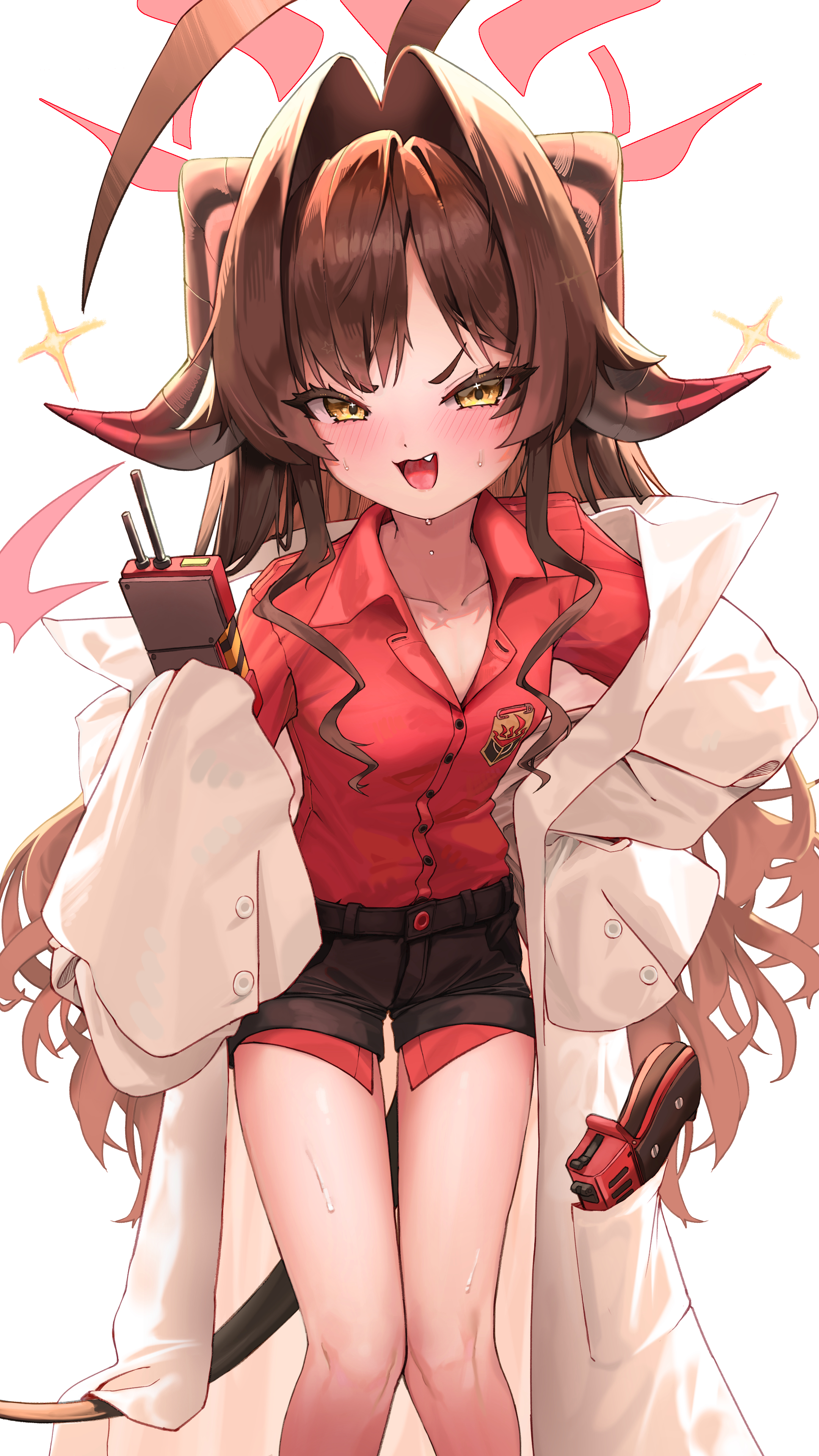 absurdres ahoge black_horns black_shorts black_tail blue_archive blush brown_hair collared_shirt commentary_request demon_horns demon_tail detonator eason870408 female gun hair_intakes halo hand_on_own_hip handgun highres holding horns kasumi_(blue_archive) lab_coat long_hair long_sleeves looking_at_viewer oerba_yun_fang open_mouth red_halo red_shirt shirt shirt_tucked_in short_shorts shorts sleeves_past_fingers sleeves_past_wrists solo sparkle sweat tail weapon white_background yellow_eyes