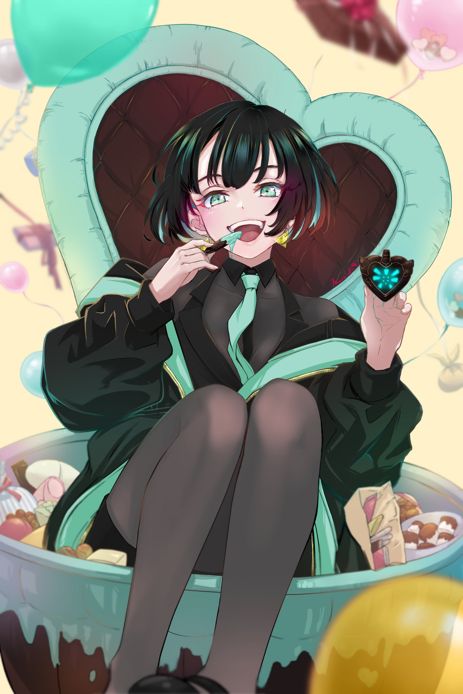 absurdres allmind_(armored_core_6) armored_core armored_core_6 black_hair candy chocolate earrings female food green_eyes hasunesirusi heart heart-shaped_chocolate highres jewelry looking_at_viewer open_mouth pantyhose short_hair valentine