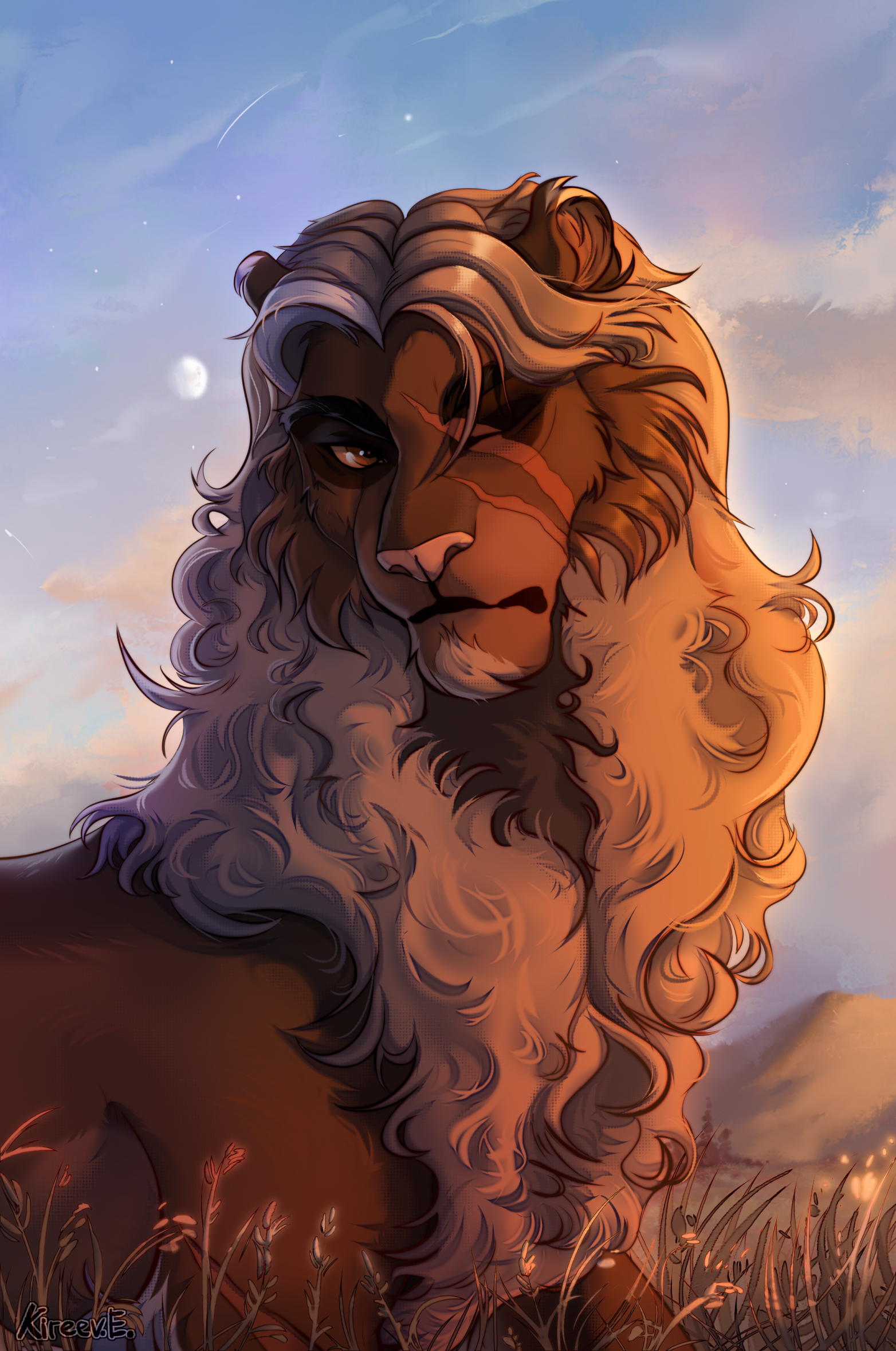 brown_body cloud detailed_background digital_media_(artwork) disney eye_scar facial_scar fan_character felid feral fur glamorous grey_body grey_fur grey_hair hair hi_res kombat300 lion male mammal moon outside pantherine pink_nose plant scar sky solo star the_lion_king white_body white_fur white_hair