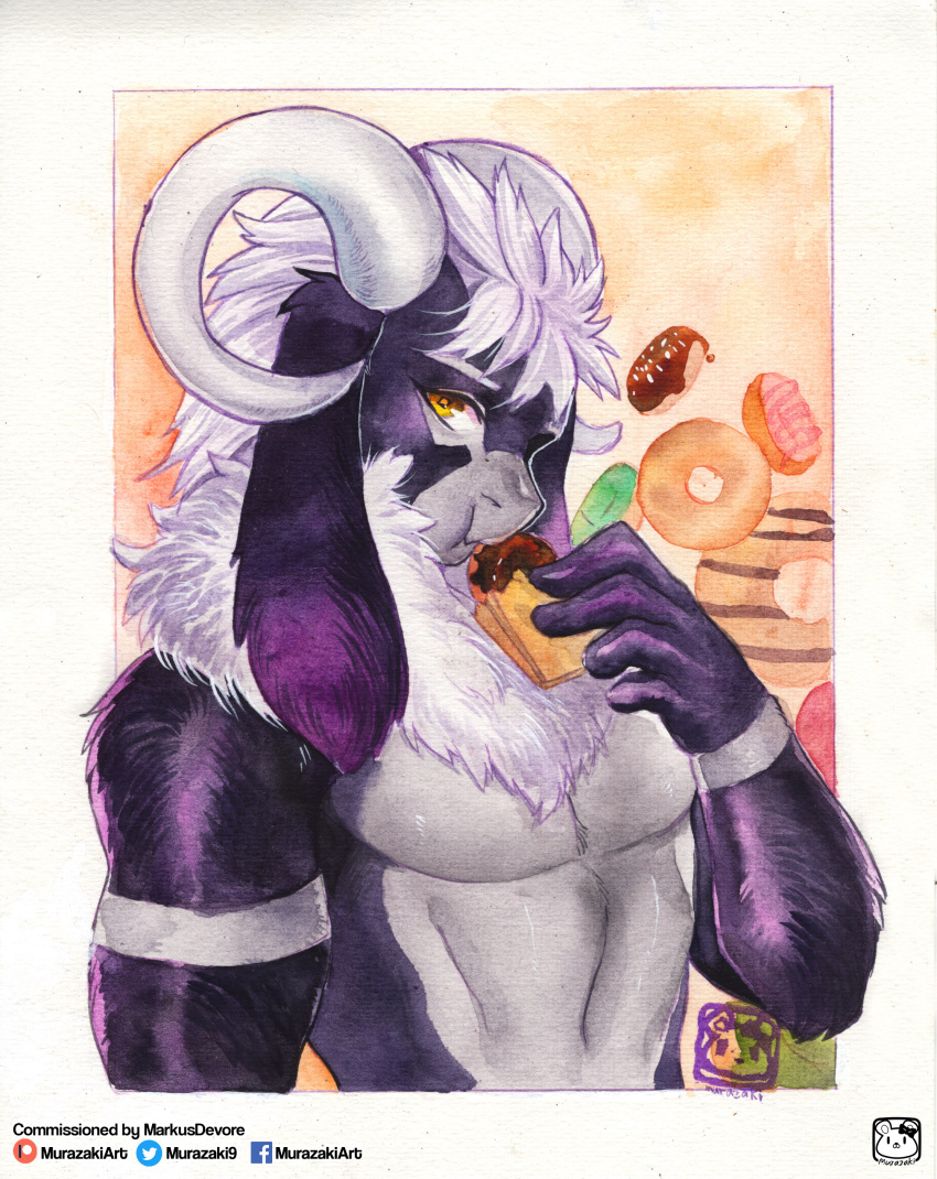 abstract_background absurd_res anthro bovid caprine clothed clothing dessert doughnut eating food fur goat hair half-length_portrait hi_res holding_food holding_object horn looking_at_viewer male mammal markus_devore murazaki muscular muscular_anthro muscular_male painting_(artwork) pastry portrait solo topless traditional_media_(artwork) watercolor_(artwork)