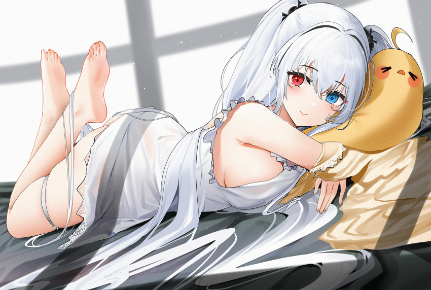 >_< ass azur_lane bare_legs bare_shoulders barefoot bed_sheet blue_eyes blush breasts chinese_commentary closed_mouth commentary_request crossed_ankles dappled_sunlight dress dutch_angle elbing_(azur_lane) elbing_(sleepless_night's_wishes)_(azur_lane) feet female frills full_body hair_intakes heterochromia highres hug lace-trimmed_dress lace_trim large_breasts legs_up long_hair looking_at_viewer lying manjuu_(azur_lane) nightgown official_alternate_costume on_stomach qing_wu red_eyes see-through sideboob skindentation sleeveless sleeveless_dress soles solo sunlight the_pose thigh_strap thighs toes two_side_up very_long_hair white_dress white_hair white_nightgown