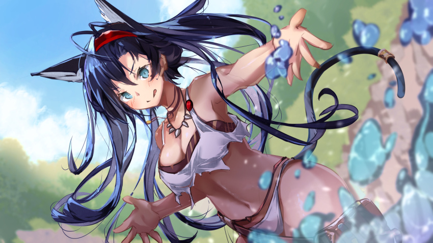 :q animal_ears arknights bare_shoulders bikini blaze_(arknights) blue_eyes blue_hair blush breasts cat_ears cat_tail commentary_request day female headband hellnyaa highres jewelry long_hair looking_at_viewer medium_breasts navel necklace official_alternate_costume outdoors pouch solo standing stomach swimsuit tail thigh_pouch tongue tongue_out tooth_necklace wading water white_bikini