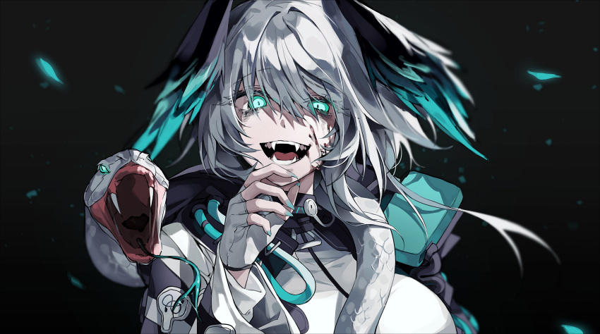 absurdres aqua_eyes aqua_wings arknights black_background black_wings blood blood_on_face breasts eyelashes fangs female fingerless_gloves fingernails forked_tongue gloves grey_hair hair_between_eyes highres ho'olheyak_(arknights) kithera large_breasts long_sleeves looking_at_viewer multicolored_wings nail open_mouth saliva sharp_fingernails simple_background snake solo teeth tongue upper_body white_gloves white_snake wings