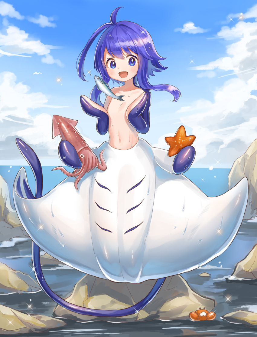 :d absurdres blue_eyes blue_hair blue_sky blush cloud commission completely_nude crab day extra_arms female fins full_body gills highres iruka_(tama) looking_at_viewer manta_ray_girl miyamo_(fumifumi_no_ura) monster_girl navel nude open_mouth original outdoors second-party_source sidelocks skeb_commission sky smile solo tail taur wet