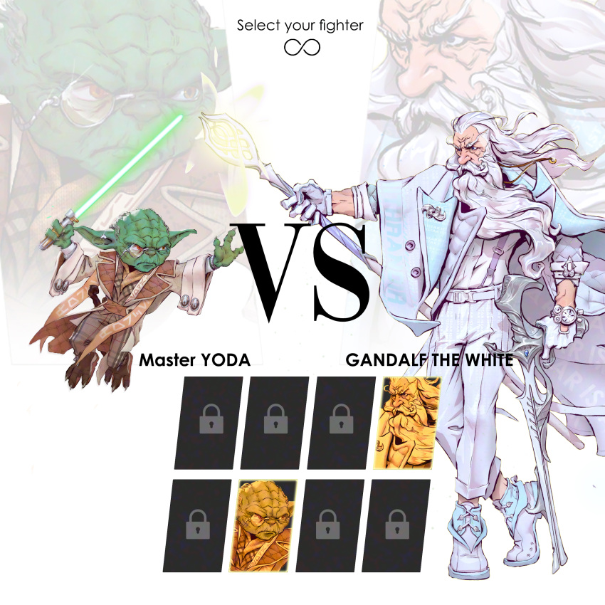 2boys absurdres adapted_costume alien alternate_weapon bald_spot beard bespectacled brahim_bensehoul character_name character_select colored_skin commentary crossover dual_wielding energy_sword english_commentary facial_hair fewer_digits fighting_game fingernails full_body gandalf glasses gloves green_skin gunblade height_difference highres holding holding_weapon jacket jedi jewelry jumping lightsaber long_beard long_hair long_pointy_ears male_focus monocle multiple_boys muscular muscular_male old old_man open_clothes open_jacket pendant pointy_ears ring sharp_fingernails shirt staff star_wars suspenders sword the_lord_of_the_rings tolkien's_legendarium trait_connection very_long_beard watch weapon white_gloves white_hair white_shirt wizard wristwatch yoda zoom_layer