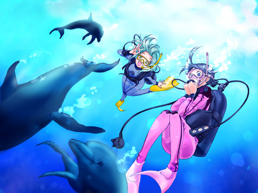 2girls :d air_bubble amanchu! black_hair blue_eyes bodysuit bubble diving_mask diving_regulator diving_suit dolphin flippers goggles green_hair highres kohinata_hikari long_hair looking_at_viewer multiple_girls ooki_futaba open_mouth scuba scuba_gear scuba_tank short_hair smile underwater wetsuit yellow_eyes yumecan_ayame