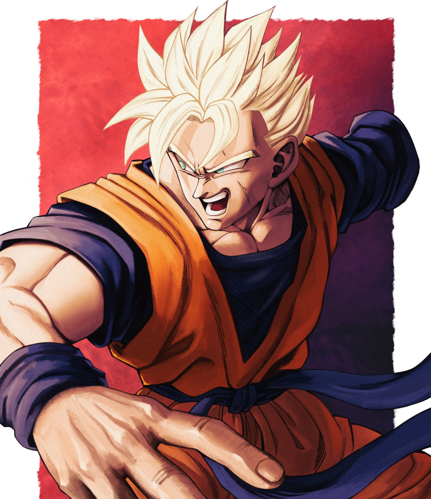 1boy absurdres aged_up amputee blonde_hair cowboy_shot dougi dragon_ball dragon_ball_z fighting_stance foreshortening green_eyes highres looking_at_viewer looking_to_the_side male_focus muscular muscular_male orange_pants orange_shirt pants pectoral_cleavage pectorals scar scar_on_cheek scar_on_face shirt solo son_gohan son_gohan_(future) spiked_hair studio_viga super_saiyan super_saiyan_1 wind