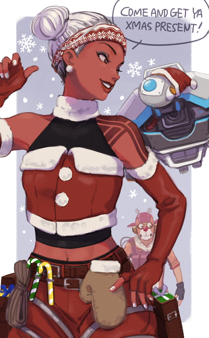 1boy 2gou absurdres animal_costume apex_legends bad_id bad_twitter_id belt brown_belt brown_eyes candy candy_cane commentary crop_top d.o.c._health_drone dark-skinned_female dark_skin dasher_octane detached_sleeves double_bun drone english_text eyeshadow female food fur_trim googly_eyes grey_eyeshadow hair_bun hand_on_own_hip hat highres lifeline_(apex_legends) makeup octane_(apex_legends) pants parted_lips pointing pointing_at_self red_pants reindeer_costume santa_hat science_fiction smile solo_focus speech_bubble symbol-only_commentary white_hair