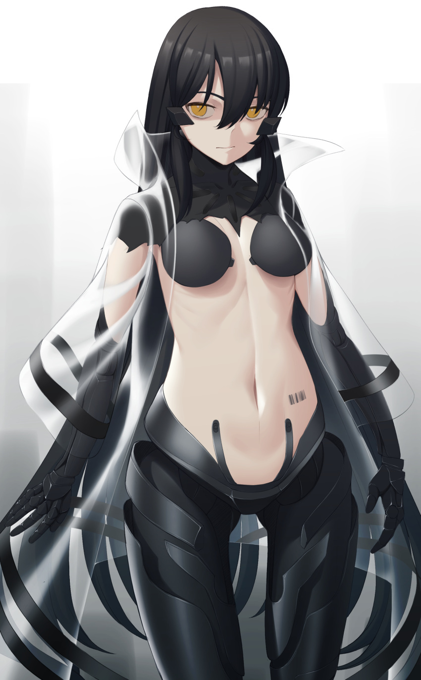 absurdres act_(xadachit) barcode barcode_tattoo black_hair breasts closed_mouth coat female girls'_frontline hair_between_eyes highres isomer_hivemind_(girls'_frontline) long_hair mechanical_arms mechanical_legs navel nyto_(girls'_frontline) paradeus see-through solo tattoo very_long_hair yellow_eyes