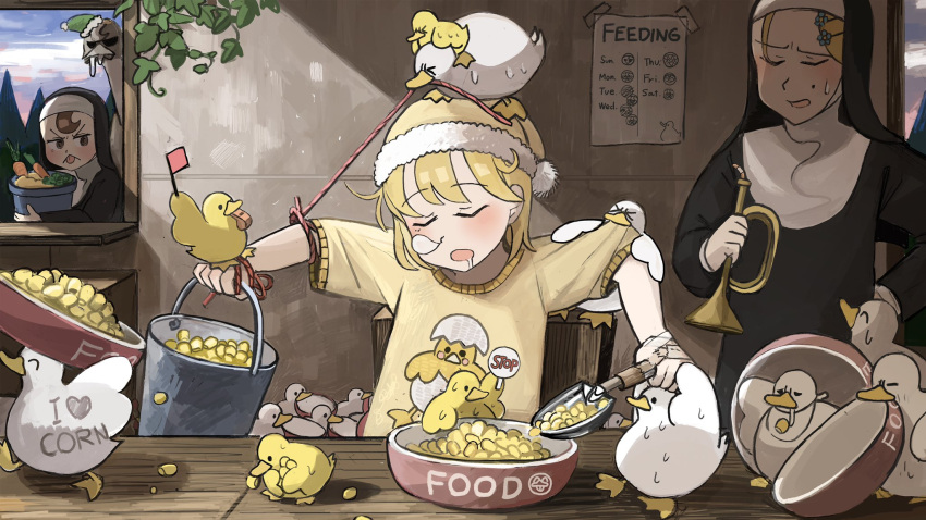 >_< 3girls :< ^_^ animal_on_head bib bird bird_on_head blonde_hair body_writing bowl broccoli brown_eyes brown_hair bucket bugle carrot chicken closed_eyes clothes_pull clumsy_nun_(diva) commentary corn dawn diva_(hyxpk) drooling duck duck_print duckling earthworm english_commentary flower food froggy_nun_(diva) green_hat habit hair_flower hair_ornament hairclip hand_on_own_hip hanging_plant hat highres holding holding_bucket holding_instrument indoors instrument little_nuns_(diva) mini_flag mole mole_under_eye mouth_hold multiple_girls nightcap nose_bubble nun object_on_head on_head ostrich pajamas peeping poster_(object) pulling red_flag shirt shirt_pull sigh sign sleeping sleeping_upright snoring strict_nun_(diva) string sweatdrop tongue tongue_out traditional_nun trowel vegetable whistle window worm yellow_hat yellow_shirt