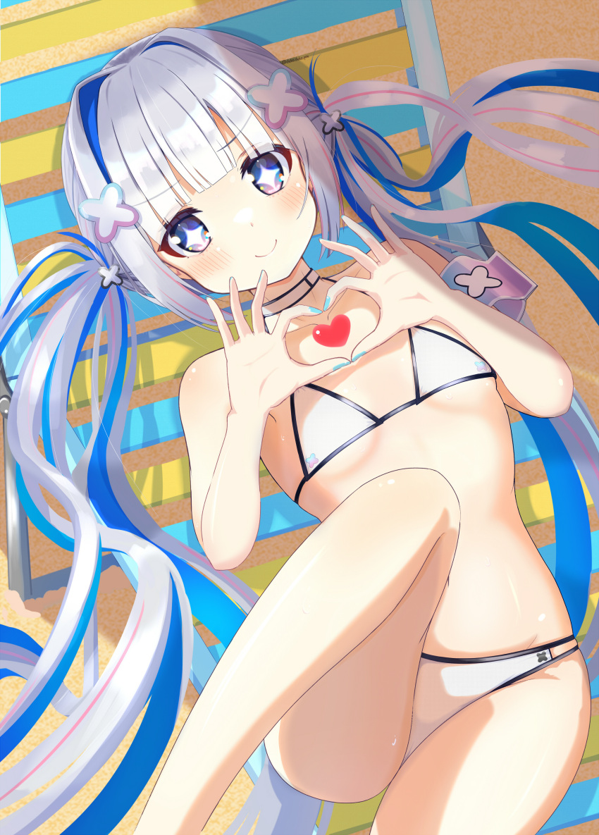 +_+ absurdres amane_kanata amane_kanata_(nurse) banana_de_ikopon beach_chair bikini blue_hair blue_nails choker colored_inner_hair female flat_chest grey_hair hair_ornament hairclip heart heart_hands highres hololive long_hair lying multicolored_hair nail_polish official_alternate_hair_length official_alternate_hairstyle on_back purple_eyes smile solo swimsuit twintails very_long_hair virtual_youtuber