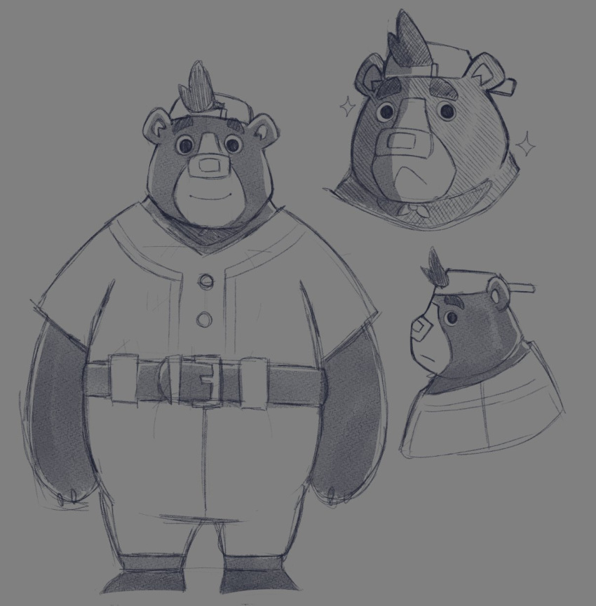 2022 anthro baseball_(sport) baseball_uniform bear biped brand_new_animal clothed clothing hat headgear headwear hi_res male mammal multiple_poses pose runxforest simple_background slightly_chubby sloth_bear_(brand_new_animal) solo sport sportswear studio_trigger uniform