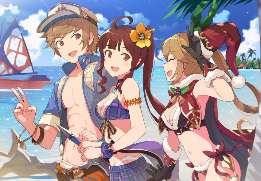 1boy 2girls ahoge beach bikini boat bracelet breasts brown_eyes brown_hair cape clarisse_(granblue_fantasy) day diantha_(granblue_fantasy) flower gloves gran_(granblue_fantasy) gran_(summer)_(granblue_fantasy) granblue_fantasy hair_flower hair_ornament hat hinami_(hinatamizu) jewelry medium_breasts multiple_girls navel ocean official_alternate_costume outdoors santa_bikini santa_hat side_ponytail swimsuit sword v visor_cap watercraft weapon