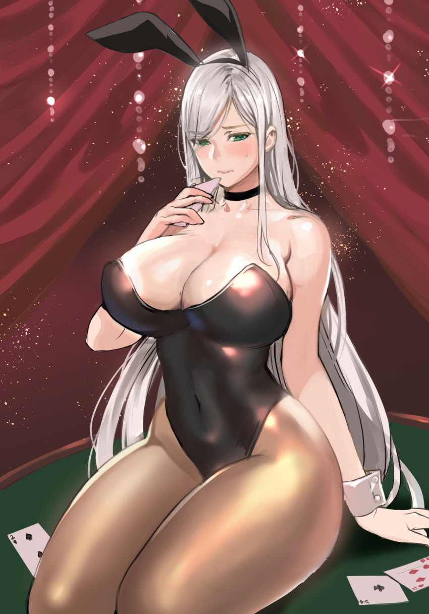 animal_ears bare_shoulders black_choker blush breasts card choker cleavage collarbone covered_navel fake_animal_ears female glint highres holding inkey large_breasts leotard light_particles long_hair pantyhose playboy_bunny playing_card poker_table rabbit_ears shiny_skin solo sweat table wrist_cuffs