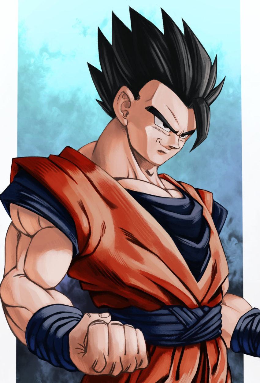 1boy aged_up arms_at_sides black_eyes black_hair cowboy_shot dougi dragon_ball dragon_ball_z highres looking_to_the_side male_focus muscular muscular_male orange_shirt shirt short_hair short_sleeves solo son_gohan spiked_hair studio_viga thick_eyebrows