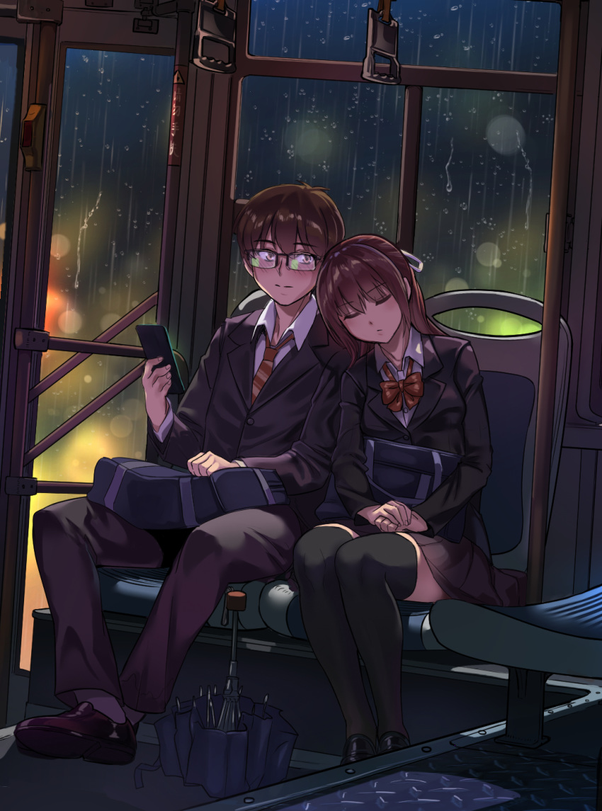 1boy bag black_footwear black_jacket blush bow bowtie brown_hair cellphone chinese_commentary commentary_request female formal glasses hair_ornament highres holding holding_phone jacket leaning_on_person loafers long_hair lu_(yewang19) original outdoors phone school_uniform shirt shoes short_hair sitting sleeping sleeping_on_person thighhighs umbrella white_shirt yewang19 yu_xuan_(yewang19)