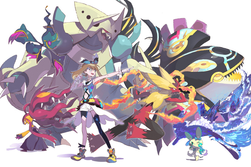 absurdres adapted_costume aggron banette black_socks black_thighhighs blaziken blue_nails brown_hair choker clothed_pokemon commentary female gloves grey_eyes highres hiro_(user_negm3832) holding holding_poke_ball kyogre long_hair mawile may_(pokemon) mega_aggron mega_banette mega_blaziken mega_mawile mega_pokemon minun nail_polish navel oerba_yun_fang open_mouth pointing poke_ball pokemon pokemon_(creature) pokemon_oras premier_ball primal_kyogre shoes shorts single_thighhigh sleeveless smile socks sparkling_eyes standing thighhighs tongue white_background white_choker white_shorts yellow_footwear