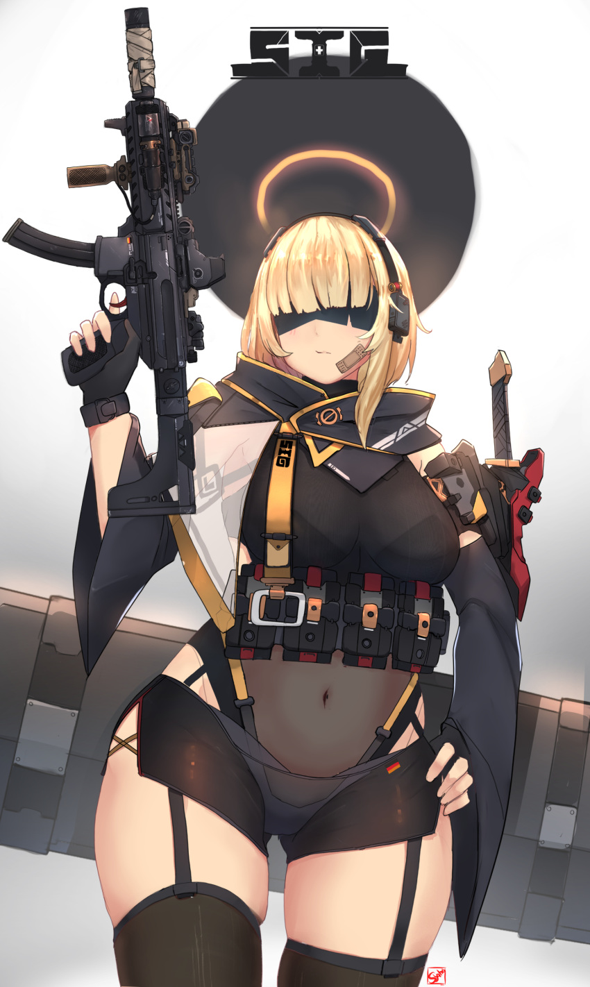 absurdres assault_rifle bandaid bandaid_on_cheek bandaid_on_face black_sleeves blonde_hair breasts commission detached_sleeves female gun halo hand_on_own_hip headphones highres holding holding_gun holding_weapon holstered knife medium_breasts original rifle science_fiction sig_mpx sig_sauer skindentation solo submachine_gun syaha thick_thighs thighhighs thighs weapon wide_hips wide_sleeves