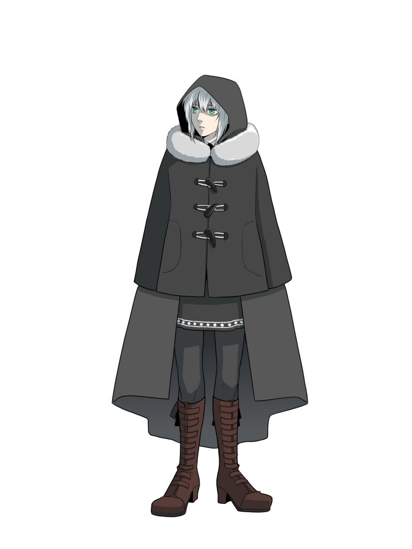 black_cloak boots brown_footwear cloak fate_(series) female fur_collar fur_trim gray_(fate) green_eyes grey_hair hair_between_eyes hazu_(schiro000) highres hood lord_el-melloi_ii_case_files shaded_face short_hair simple_background skirt solo white_background