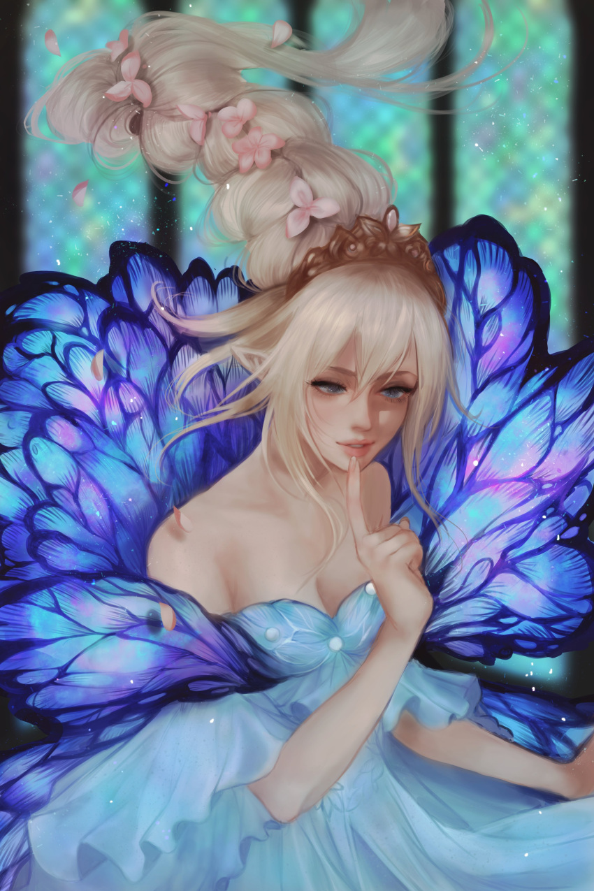 absurdres bare_shoulders blonde_hair blue_dress blue_eyes blue_wings breasts butterfly_wings dress female final_fantasy final_fantasy_xiv finger_to_mouth floating_hair flower flower_braid hair_between_eyes hair_flower hair_ornament highres insect_wings lips long_hair medium_breasts petals pixie_(ff14) pointy_ears raviollies solo strapless strapless_dress tiara titania_(final_fantasy) wings