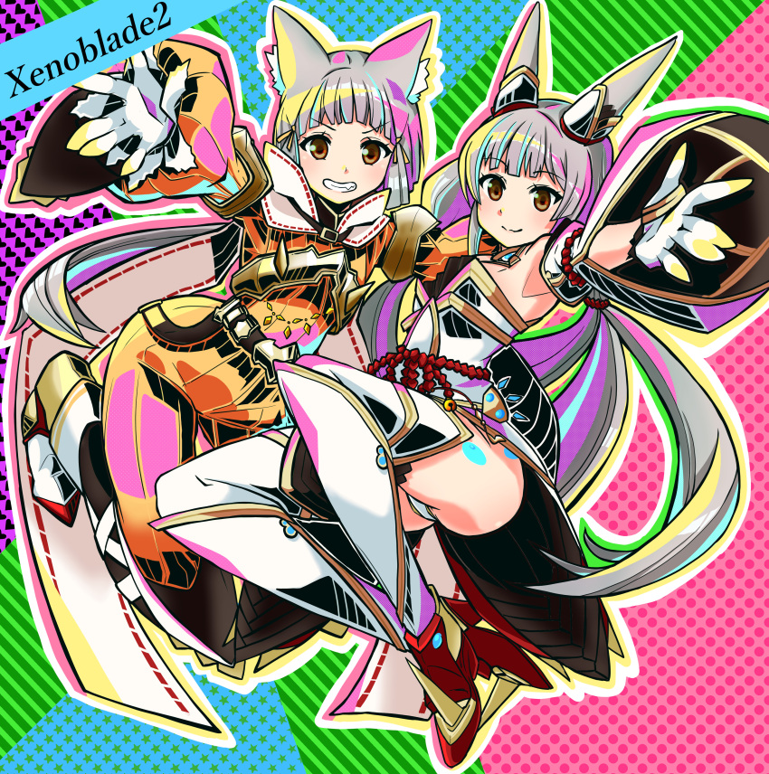 2girls absurdres animal_ears armpits bare_shoulders blunt_bangs bodysuit cat_ears chest_jewel detached_sleeves dual_persona gloves grey_hair grin highena highres leotard long_hair low_twintails multiple_girls nia_(blade)_(xenoblade) nia_(xenoblade) short_hair smile thighhighs twintails very_long_hair white_gloves xenoblade_chronicles_(series) xenoblade_chronicles_2 yellow_bodysuit yellow_eyes