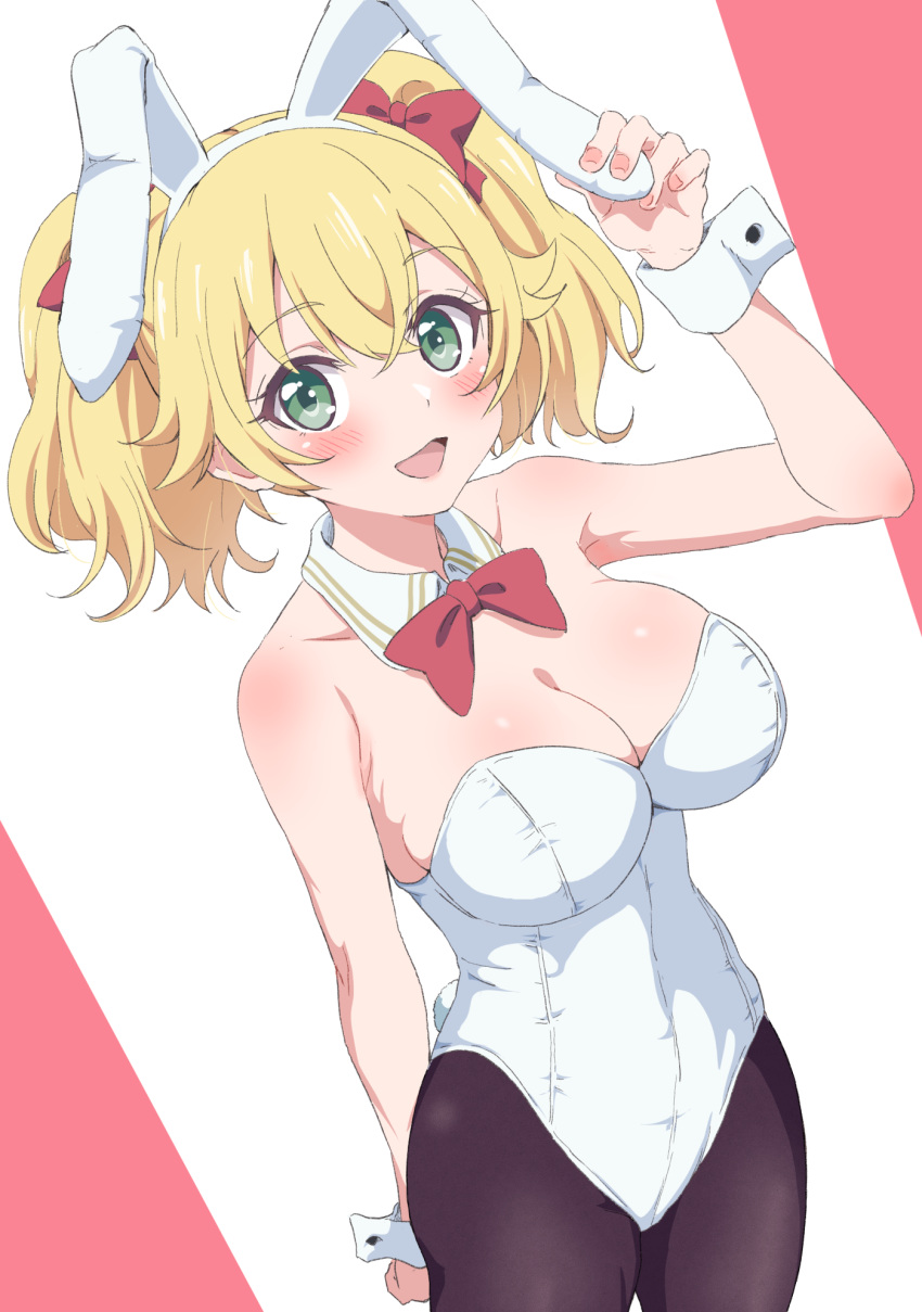 :d animal_ears arm_up black_pantyhose blonde_hair blush bow bowtie breasts cleavage collar commentary cowboy_shot detached_collar fake_animal_ears female green_eyes hair_between_eyes hairband highres holding_ears lapis_re:lights lavie_(lapis_re:lights) leotard looking_at_viewer medium_breasts open_mouth pantyhose pink_background playboy_bunny rabbit_ears red_bow red_bowtie sincos smile solo standing strapless strapless_leotard twintails two-tone_background white_background white_collar white_hairband white_leotard wing_collar wrist_cuffs