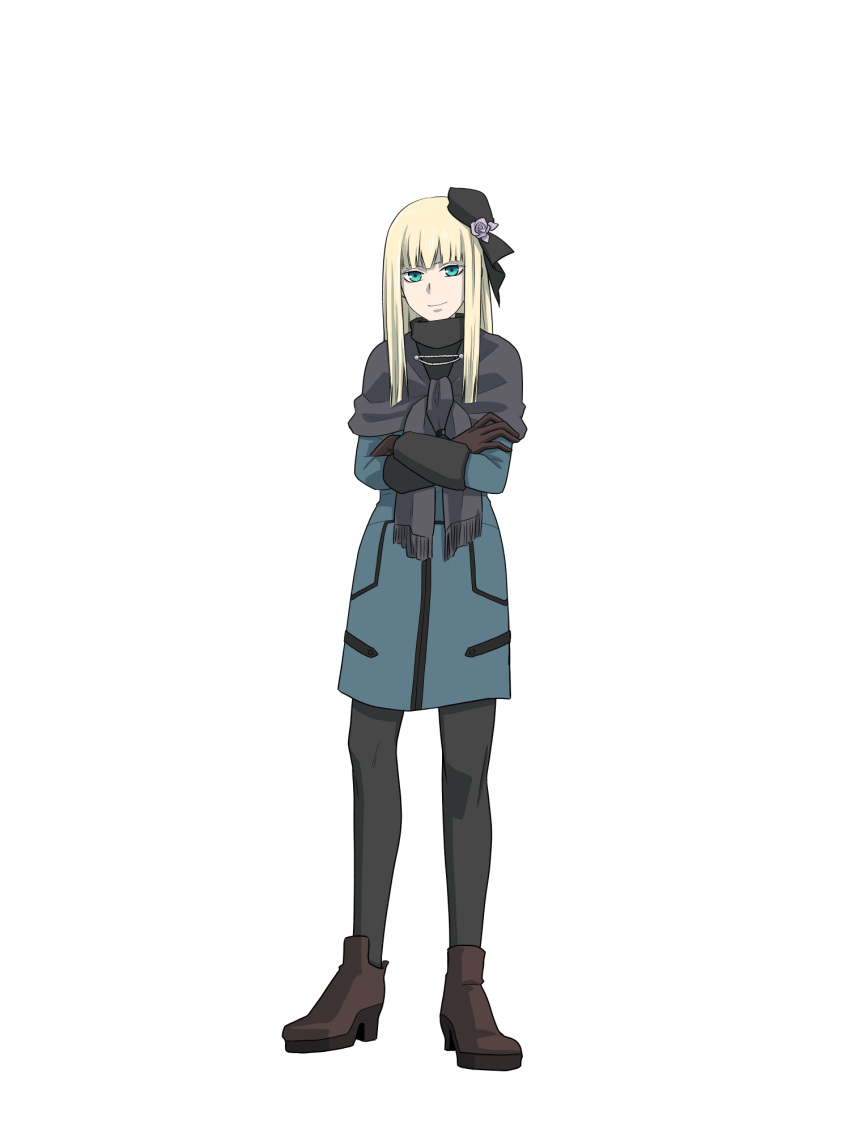 blonde_hair dress fate_(series) female fur-trimmed_sleeves fur_trim gloves green_eyes hair_ornament hazu_(schiro000) high_heels highres hime_cut jacket long_hair lord_el-melloi_ii_case_files pantyhose reines_el-melloi_archisorte scarf solo tilted_headwear