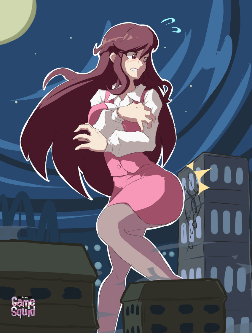 anime_style ass big_breasts blush breasts building city cityscape cracks crush crushing dark_background destruction expressions giantess kick legs long_hair macrophilia monica_(pokemon) night nintendo npc_trainer office_lady_(pokemon) pink_dress pink_pants pixiv pokemon pokemon_bw red_eyes red_hair skyscraper thighs white_shirt