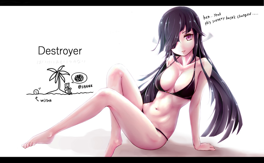 arm_support bad_feet bad_id bad_pixiv_id bad_proportions barefoot bikini black_bikini black_hair breasts cast_away cleavage commentary_request english_text female franz_(217franz) hair_over_one_eye hair_ribbon hayashimo_(kancolle) highres kantai_collection letterboxed long_hair looking_at_viewer medium_breasts navel parted_lips purple_eyes ribbon sitting solo swimsuit translated twitter_username very_long_hair wilson_(cast_away)