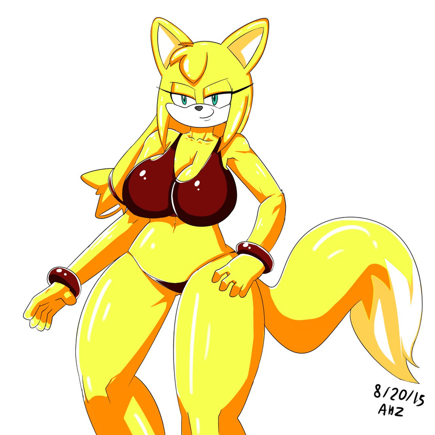 1:1 2015 anthro big_breasts bikini blue_eyes bracelet breasts canid canine cleavage clothed clothing curvy_figure digital_media_(artwork) female fox fur glistening glistening_body glistening_skin hi_res jewelry mammal navel sega smile solo sonic_boom sonic_the_hedgehog_(series) superbunnygt swimwear voluptuous wide_hips yellow_body yellow_fur zooey_the_fox