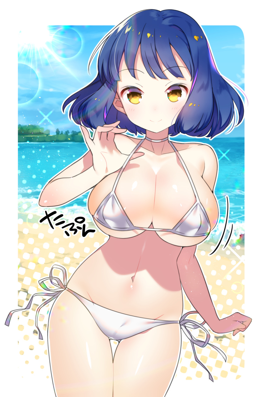 bikini blue_hair blush breasts brown_eyes cleavage closed_mouth collarbone commentary_request female highres looking_at_viewer marui_shiro micro_bikini navel outdoors seaside_muramoto short_hair smile solo swimsuit white_bikini yu-gi-oh! yu-gi-oh!_5d's yu-gi-oh!_tag_force