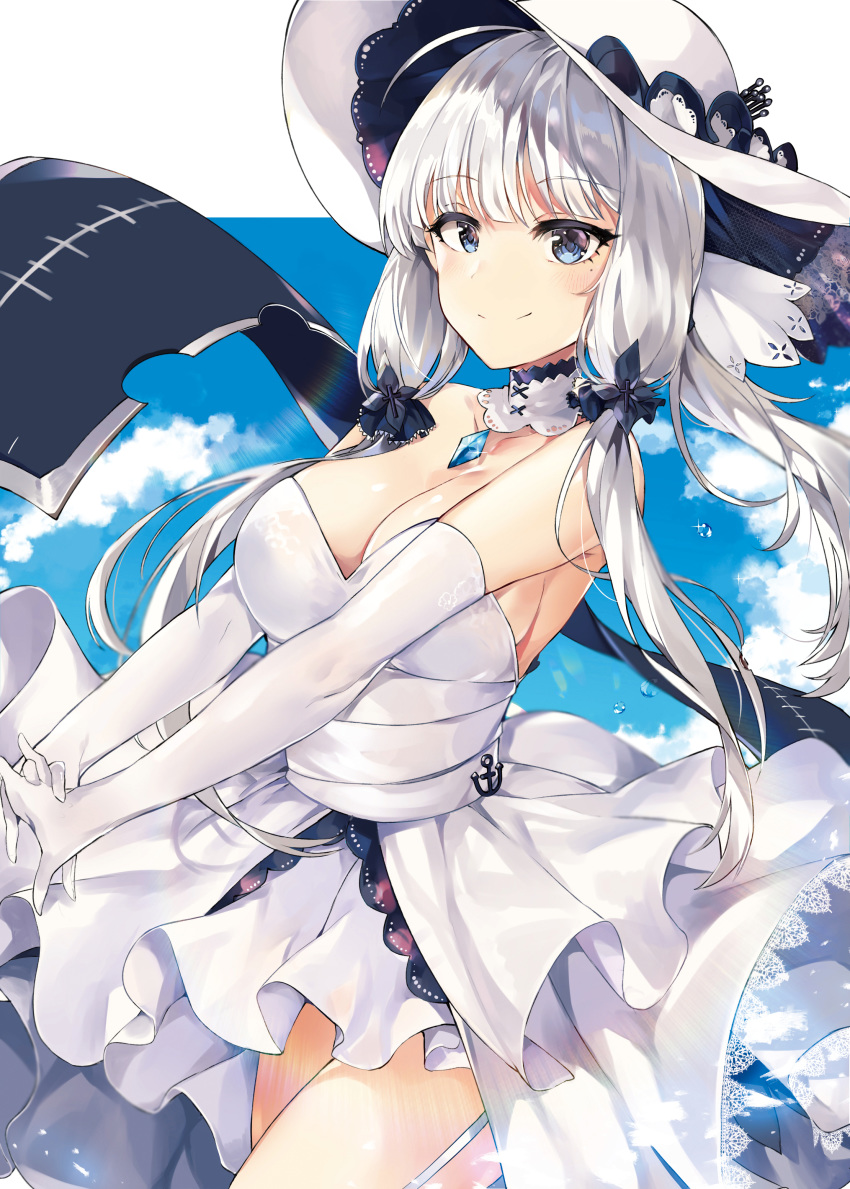 absurdres ahoge anchor_symbol azur_lane bare_shoulders blue_eyes blue_gemstone blue_sky blush breasts choker cleavage cloud collarbone commentary day dress elbow_gloves female flight_deck floating_hair garter_straps gem gloves hair_ornament hair_ribbon hat highres illustrious_(azur_lane) jewelry lace lace-trimmed_headwear lace_trim large_breasts light_particles long_hair looking_at_viewer mole mole_under_eye outdoors own_hands_together pendant ribbon sidelocks sky smile solo sparkle strapless strapless_dress sun_hat thighhighs thighs tress_ribbon tuxedo_de_cat water_drop white_dress white_gloves white_hair white_hat wind wind_lift