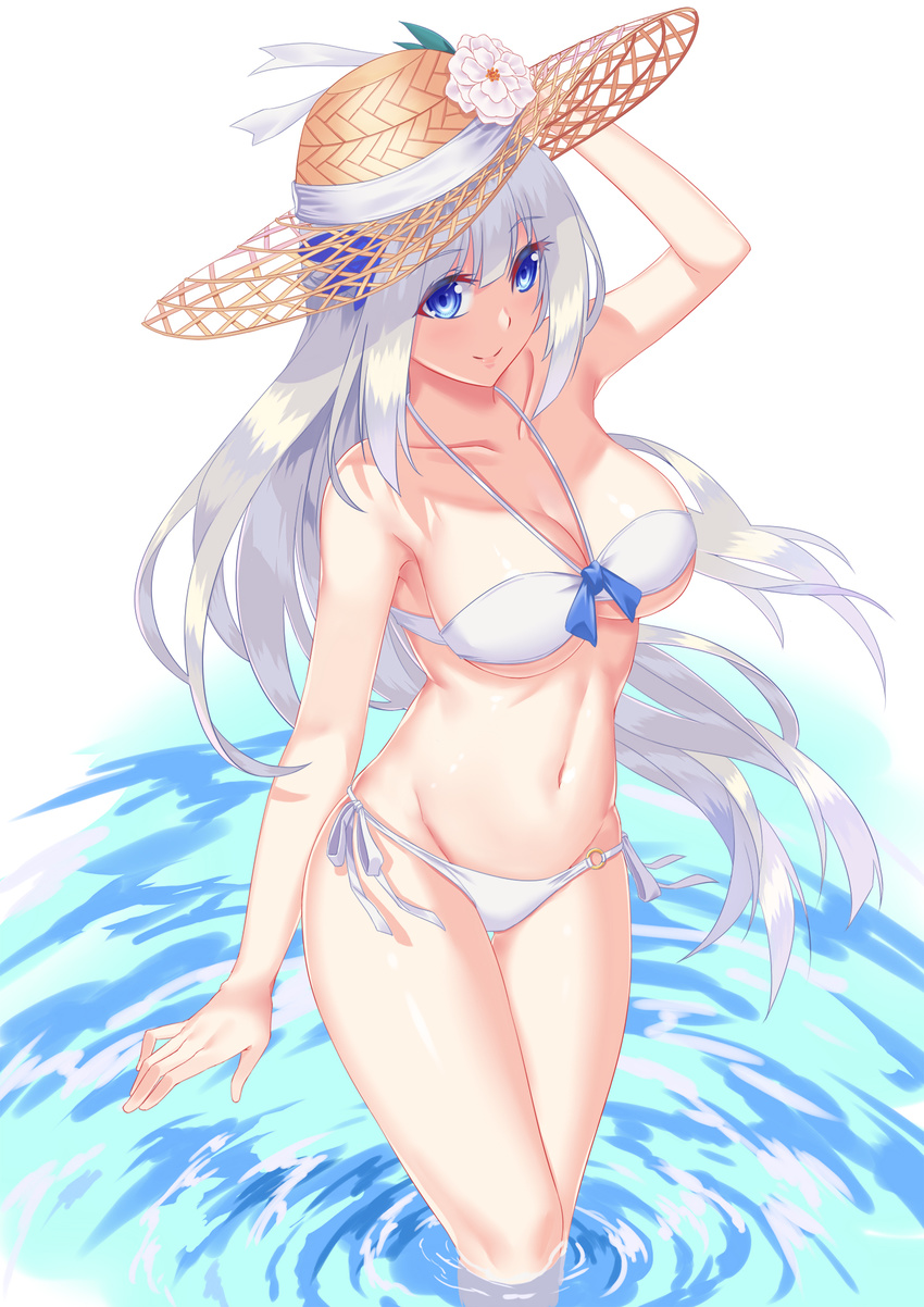 5plus arm_at_side bandeau bare_shoulders bikini blue_eyes breasts cleavage commentary_request eyebrows eyelashes female flower from_above groin halterneck hand_up hat hat_flower hat_ribbon highres large_breasts lexington_(warship_girls_r) long_hair looking_at_viewer navel o-ring o-ring_bikini o-ring_bottom photoshop_(medium) ribbon ripples shade side-tie_bikini_bottom smile solo standing stomach swimsuit thigh_gap underboob very_long_hair wading warship_girls_r water white_background white_bikini white_flower white_hair