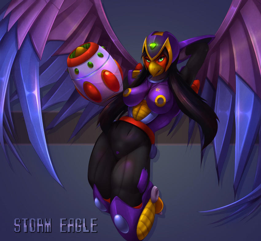 accipitrid accipitriform anthro armor avian bird bodysuit capcom clothing eagle feathered_wings feathers female green_eyes hair littlenapoleon long_hair machine mega_man_(series) mega_man_x_(series) reploid robot rule_63 simple_background skinsuit solo storm_eagle tight_clothing wings