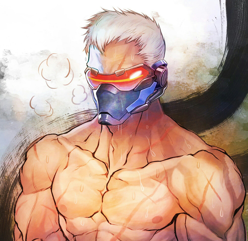 1boy abs male_focus mask msucle nipples overwatch pecs scar silver_hair solo steam sweat tagme topless