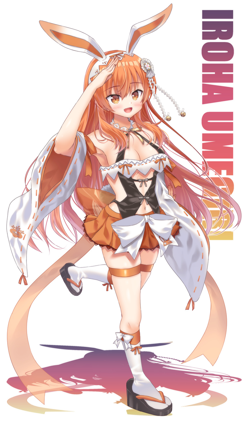 absurdres animal_ears arm_up bad_id bad_pixiv_id beatmania beatmania_iidx blush breasts bunny_ears character_name cleavage eyebrows_visible_through_hair fake_animal_ears full_body highres kisshii_(kic1224) kneehighs large_breasts long_hair looking_at_viewer navel open_mouth orange_eyes orange_hair sandals smile solo umegiri_iroha white_legwear