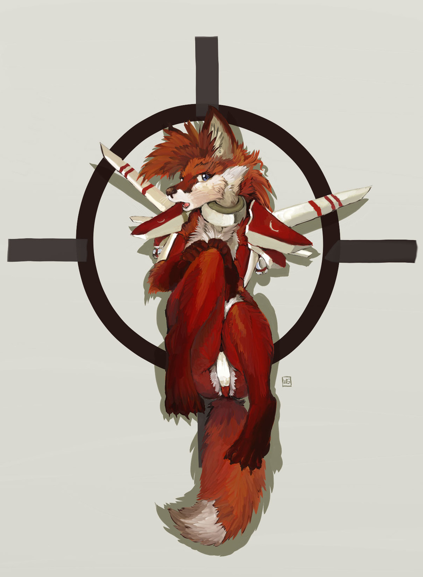 anthro armor biped canid canine clothing collar countershading crosshair curled_up female fox hair hi_res laid_back lying mammal mane mane_hair mohawk on_back pinup pira pose solo unconvincing_armor underwear