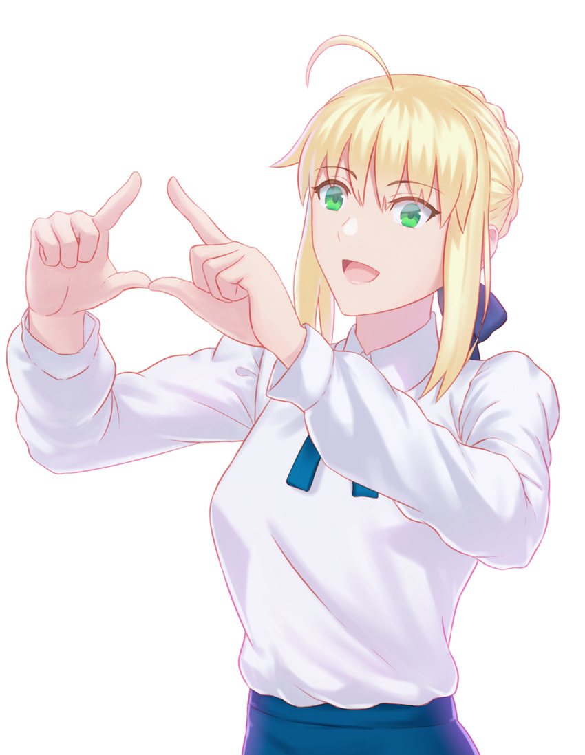 :d ahoge artoria_pendragon_(fate) blonde_hair blue_ribbon blue_skirt braid braided_bun commentary_request fate/stay_night fate_(series) fateline_alpha female green_eyes hair_bun hair_ribbon highres long_sleeves neck_ribbon open_mouth photoshop_(medium) ribbon saber_(fate) shirt sidelocks simple_background skirt smile solo upper_body white_background white_shirt