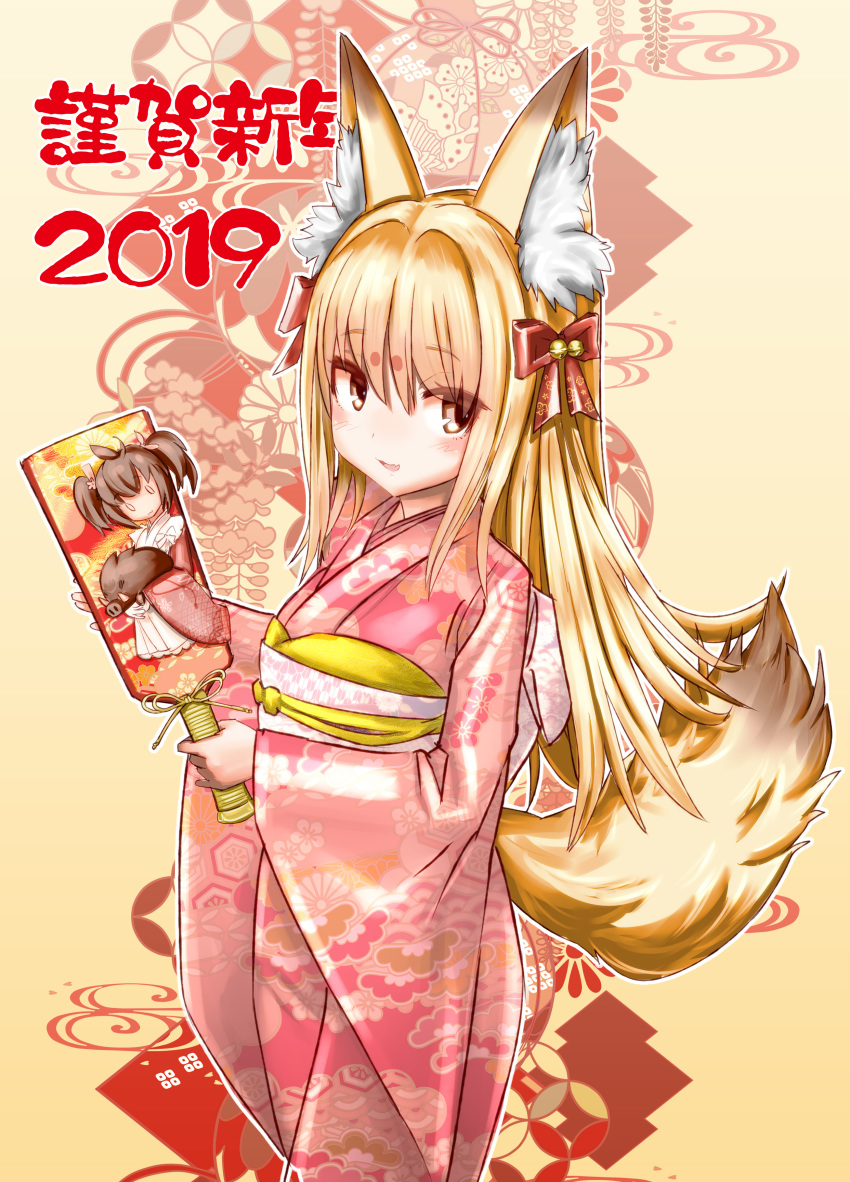 2019 absurdres alternate_costume animal_ear_fluff animal_ears blonde_hair blush chinese_zodiac commentary_request emil_chronicle_online female floral_print fox_ears fox_tail hagoita hair_ornament hair_ribbon highres japanese_clothes kimono loki_alma long_hair long_sleeves nengajou new_year obi paddle pink_kimono ribbon sash serizawa_(knight2020) standing tail wide_sleeves year_of_the_pig yellow_eyes