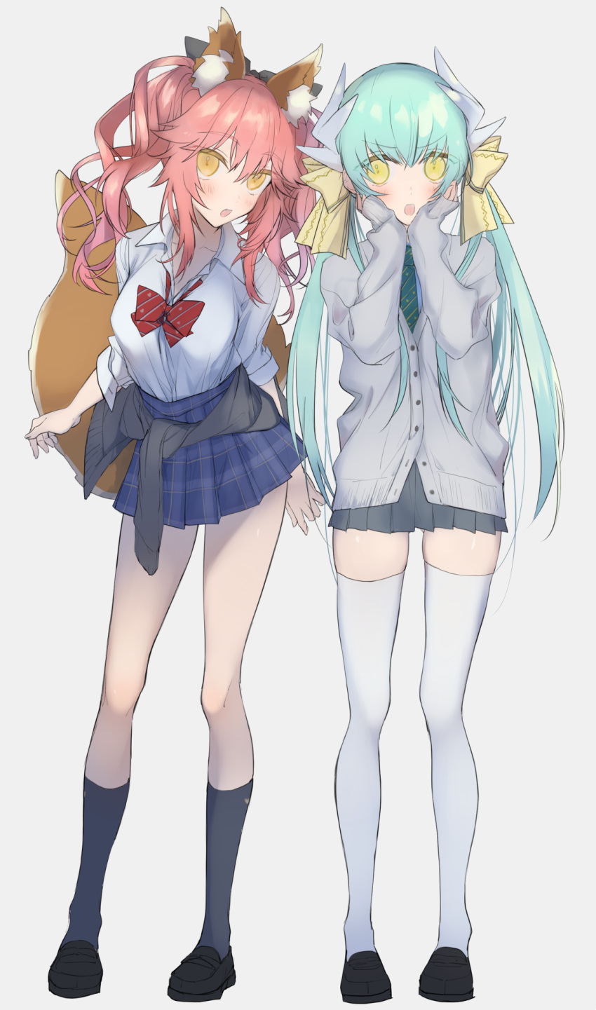 2girls animal_ear_fluff animal_ears ashita_kura bad_id bad_twitter_id black_footwear blush bow bowtie cardigan commentary_request fate/extella fate/extra fate/grand_order fate_(series) fox_ears green_hair grey_background hairbow highres kiyohime_(fate) kneehighs long_hair looking_at_viewer multiple_girls necktie official_alternate_costume open_mouth pink_hair school_uniform shirt skirt socks standing tamamo_(fate) tamamo_no_mae_(fate/extra) tamamo_no_mae_(jk)_(fate) thighhighs twintails white_shirt yellow_eyes zettai_ryouiki