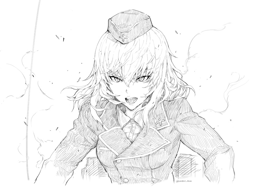 bad_id bad_pixiv_id dust_cloud female garrison_cap girls_und_panzer greyscale hat itsumi_erika jacket kuromorimine_military_uniform long_hair military military_uniform monochrome onsen_man solo uniform