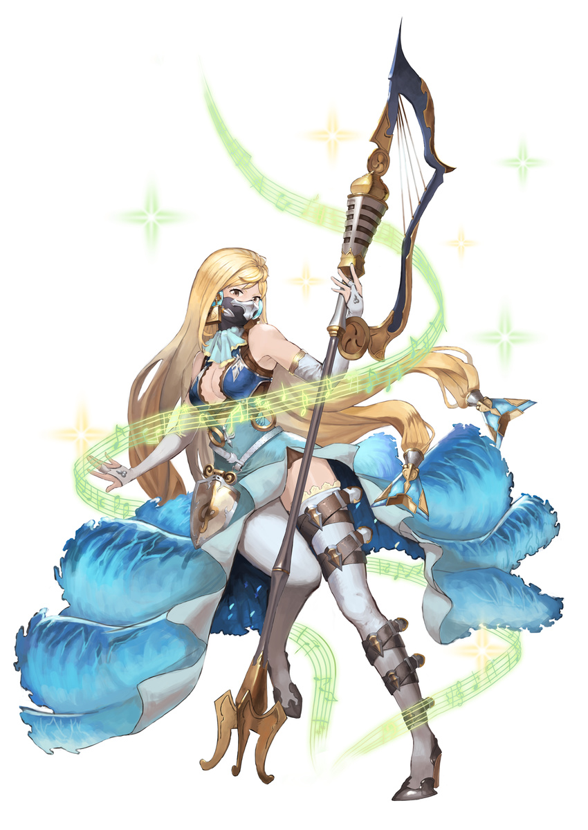 bad_id bad_pixiv_id bare_shoulders beamed_eighth_notes beamed_sixteenth_notes blonde_hair blue_dress breasts bridal_gauntlets brown_eyes center_opening dress eighth_note ejaeli_(granblue_fantasy) female full_body granblue_fantasy hair_ornament harp high_heels highres holding instrument leg_up lock long_hair marin_bunbun mask medium_breasts mouth_mask musical_note padlock quarter_note simple_background solo sparkle staff staff_(music) thighhighs white_background white_thighhighs zettai_ryouiki