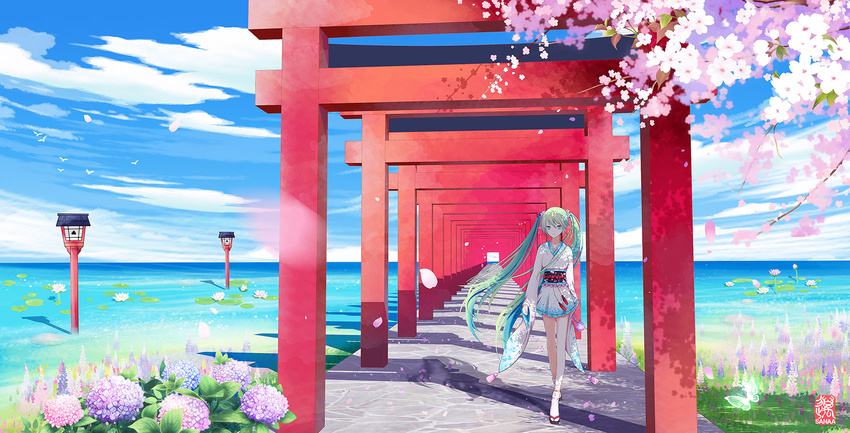 artist_name bare_legs cherry_blossoms cloud commentary day english_commentary expressionless female flower green_eyes green_hair hatsune_miku highres horizon hydrangea japanese_clothes kimono kimono_skirt lantern larkspur_(flower) lily_pad long_hair long_sleeves looking_at_viewer multiple_torii obi outdoors path petals photoshop_(medium) road sanaa sandals sash scenery shadow sky solo sunlight tabi tassel torii twintails vanishing_point very_long_hair vocaloid walking water white_legwear wide_sleeves wooden_lantern