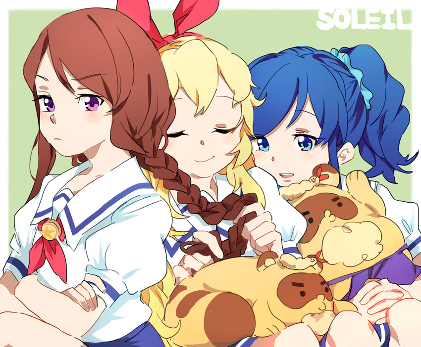 3girls aikatsu! aikatsu!_(series) alternate_hairstyle bad_id bad_pixiv_id blonde_hair blue_eyes blue_hair blush braid brown_hair ebipon group_name hair_ribbon highres hoshimiya_ichigo kiriya_aoi long_hair multiple_girls open_mouth purple_eyes ribbon school_uniform shibuki_ran side_ponytail smile starlight_academy_school_uniform stuffed_toy toshi_byou