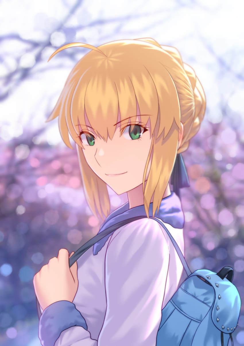 ahoge alternate_costume artoria_pendragon_(fate) bag blonde_hair blue_ribbon blurry blurry_background braid braided_bun coat commentary_request day fate/stay_night fate_(series) fateline_alpha female green_eyes hair_between_eyes hair_bun hair_ribbon highres holding holding_bag long_sleeves looking_at_viewer outdoors ribbon saber_(fate) short_hair sidelocks smile solo white_coat