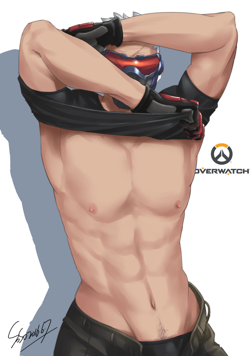 1boy abs gloves male_focus mask msucle nipples overwatch shirt_lift silver_hair solo tagme undressing