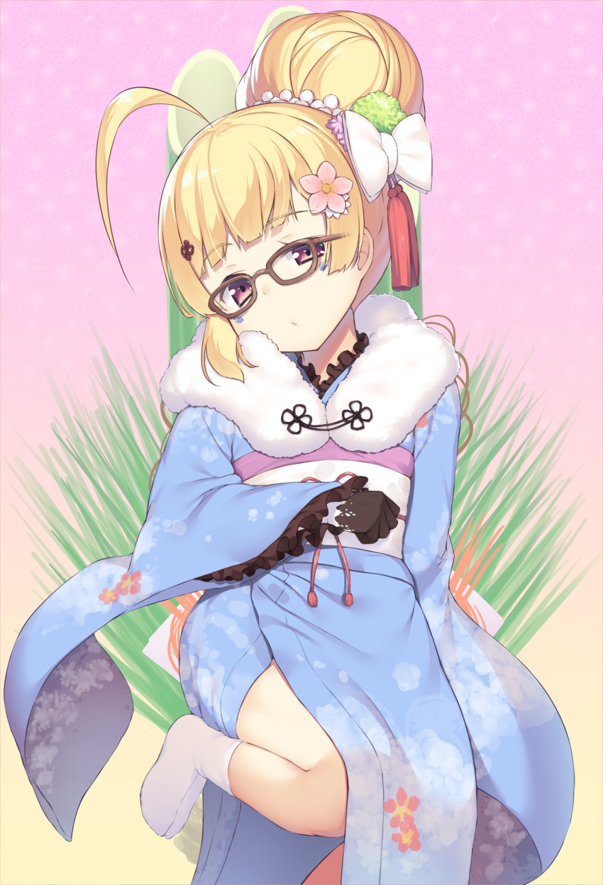 ahoge azur_lane bamboo blonde_hair blue_kimono bow brown-framed_eyewear brown_gloves closed_mouth commentary_request eldridge_(azur_lane) eldridge_(new_year's_outing)_(azur_lane) facial_mark female floral_print flower fur_collar glasses gloves hair_bun hair_flower hair_ornament hairbow head_tilt highres japanese_clothes kadomatsu kimono long_sleeves looking_at_viewer no_shoes obi official_alternate_costume official_alternate_hairstyle olive_(laai) photoshop_(medium) pink_flower print_kimono red_eyes sash sidelocks single_hair_bun socks solo tabi white_bow white_flower white_socks wide_sleeves