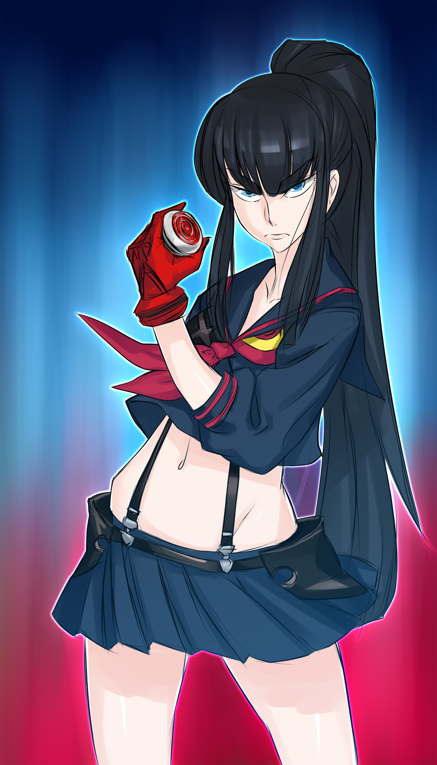 absurdres alternate_hairstyle aura black_hair blue_eyes commentary_request crop_top cropped_shirt female gloves hayami_yuujirou highres kill_la_kill kiryuuin_satsuki long_hair midriff miniskirt navel parody photoshop_(medium) ponytail red_gloves senketsu sidelocks single_glove skirt solo standing sukeban_deka suspenders textless_version thick_eyebrows tsurime yo-yo